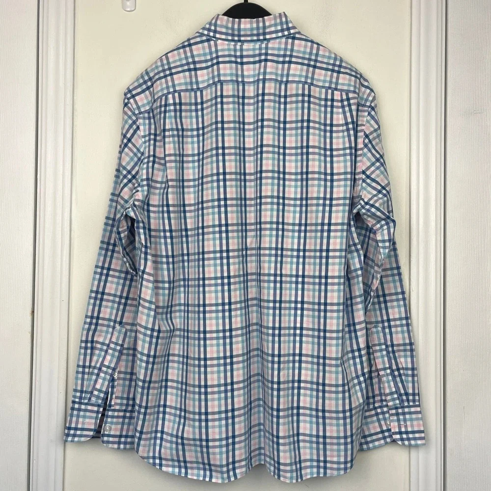 J.Crew Flex Washed Slim UNTUCKED‎ Mens L Button Down Shirt Blue Pink Plaid AR505